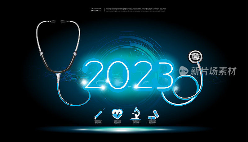 听诊器医学治疗工具和图标集关于医学-霓虹文字2023 -创意理念和概念-背景创新技术现代信息图模板。